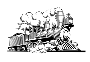 A black-and-white illustration of a steam engine.