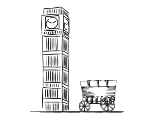 A black-and-white graphic illustration of a clocktower and a stagecoach.