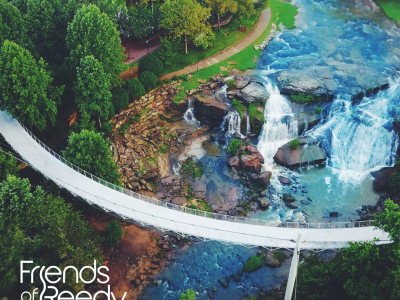 friends of the reedy river logo overlaid over image of liberty bridge at falls park on the reedy in greenville, sc