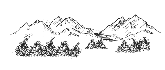 A black-and-white illustration of mountains peaks and forest.