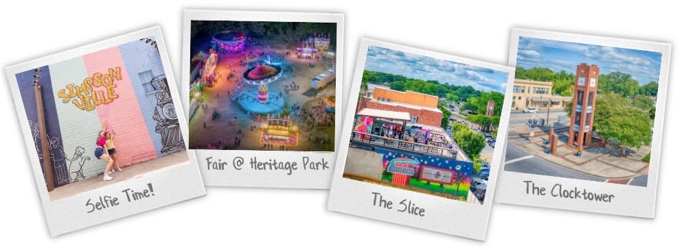 Four Polaroid photographs depict fun in Simpsonville, SC: murals, the Fair at Heritage Park, The Slice restaurant, and the infamous Clocktower.