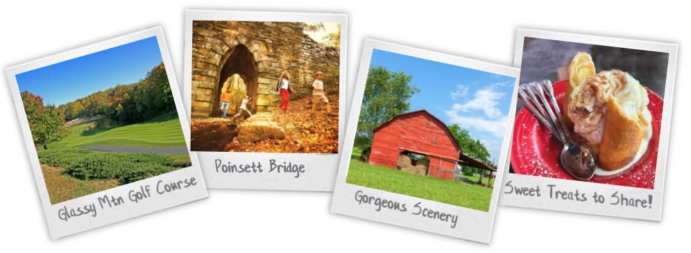 Four Polaroid photographs showcasing imagery from Glassy Mountain Golf Course, Poinsett Bridge, dessert, and a Southern red barn in Landrum, SC.