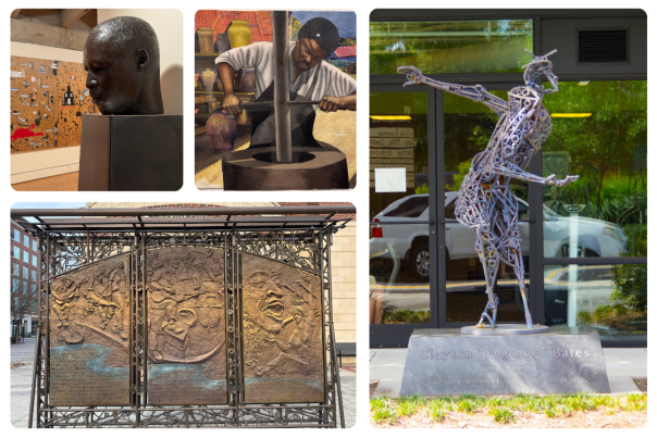 Collage of Marissa Strang's photos of a Black History in Greenville Walking Tour + one of Peg Leg Bates Statue