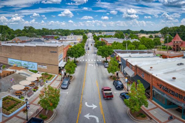 Aerial shot of Main Street in downtown Fountain Inn, SC.