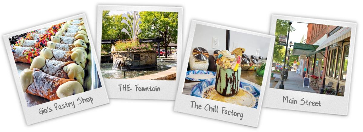 Four Polaroid photographs depict fun in Fountain Inn, SC: Gio's Pastry Shop, a fountain, The Chill Factory, and Main Street.