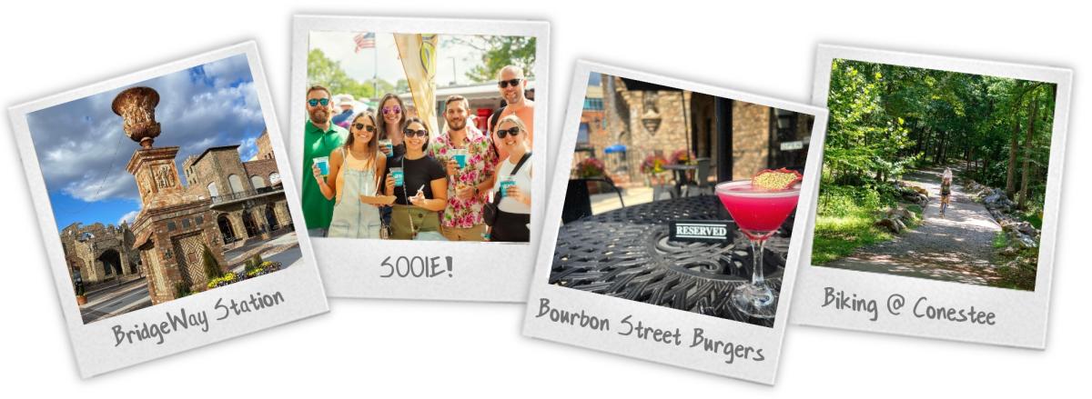 Four Polaroid photographs depict fun in Mauldin, SC: BridgeWay Station, SOOIE Annual BBQ Cook-Off, Bourbon St. Burgers, and Conestee Nature Preserve.