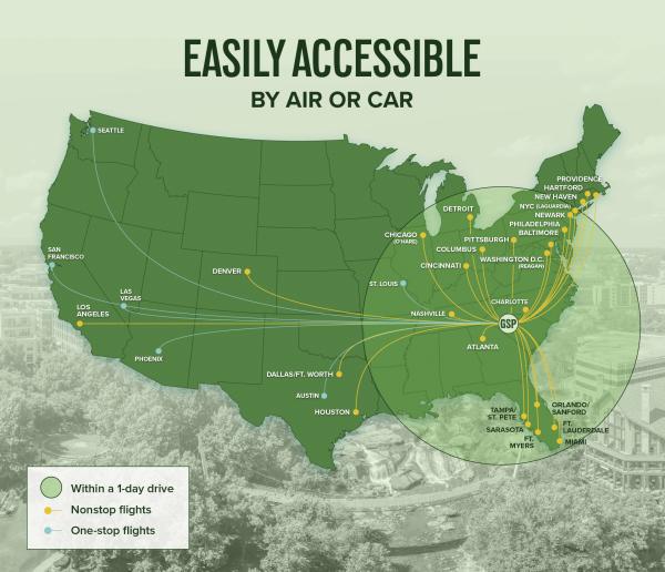 Greenville, SC: Easily accessible by air or car. Infographic with a US map featuring direct & one-stop flights across the country, plus a radius of eastern US destinations within a day's drive.