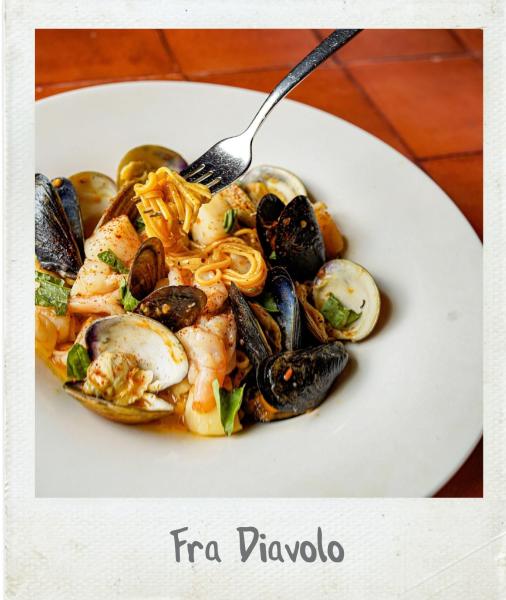 A Polaroid photograph of a Fra Diavolo entrée from Tavola Italian at BridgeWay Station in Mauldin, SC>