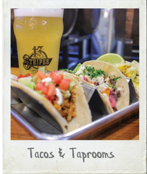 A Polaroid photograph of tacos and beer from 13 Stripes Brewery in Taylors, SC.