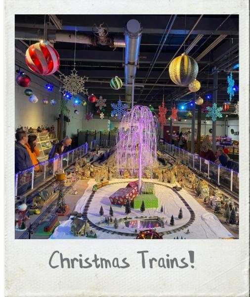 A Polaroid photograph of a Christmas model train display at Model Trains Station at Taylors Mill in Taylors, SC.