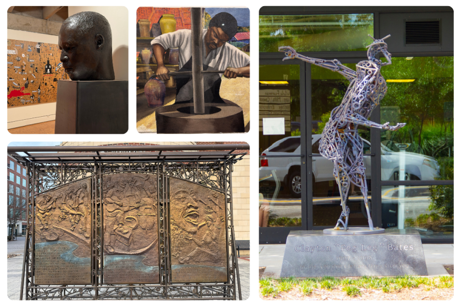 Collage of Marissa Strang's photos of a Black History in Greenville Walking Tour + one of Peg Leg Bates Statue