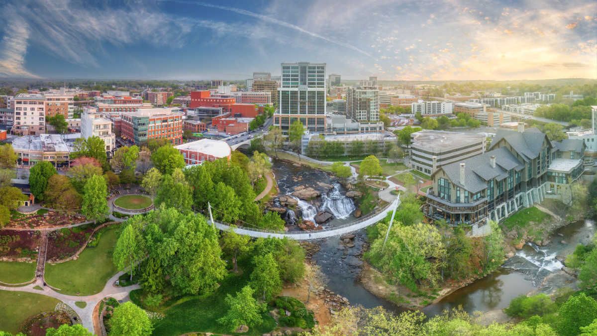 Aerial view of the Liberty Bridge in Falls Park on the Reedy, located in Downtown Greenville, SC.