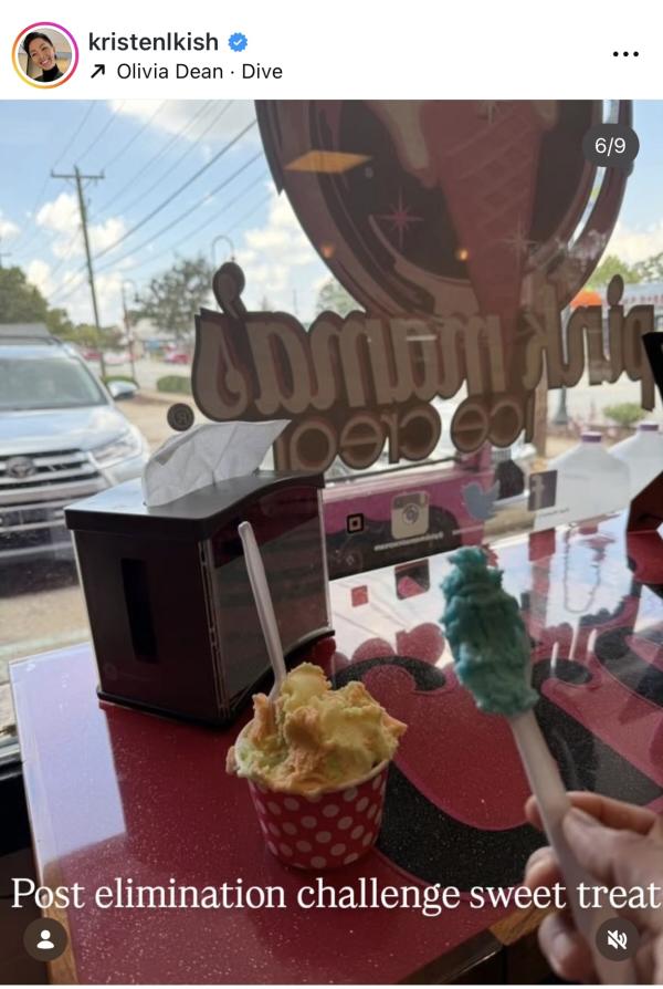 Screenshot of a post from Kristen Kish from Top Chef visiting Pink Mama's Ice Cream in Travelers Rest