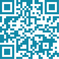 A blue QR code pattern is set against a white background.