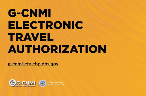 A bright orange rectangular card featuring large, bold black text that reads "G-CNMI ELECTRONIC TRAVEL AUTHORIZATION". Below the main title, the underlined website URL "g-cnmi-eta.cbp.dhs.gov" is written in smaller black text. The bottom left corner displays two official logos: the G-CNMI Electronic Travel Authorization logo and the U.S. Customs and Border Protection seal, both set against a subtle, wavy textured background.