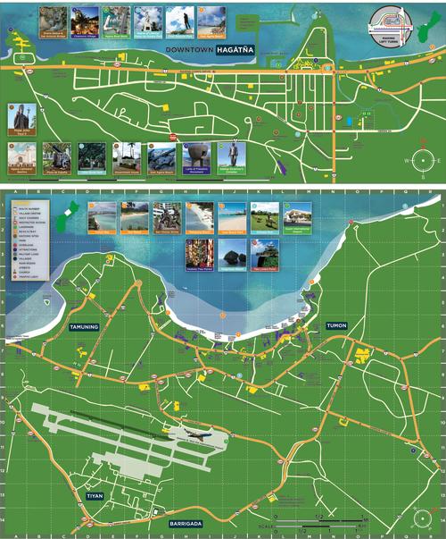 This image is a detailed regional street map of Guam's urban centers, split horizontally into two distinct sections. The top half features an inset map focusing exclusively on "Downtown Hagåtña," tracing coastal roads like Marine Corps Drive and highlighting historic landmarks such as the Agana Cathedral-Basilica and Plaza de España with illustrative thumbnails. The larger bottom half consists of a detailed, grid-indexed street map (labeled A through R horizontally and 1 through 14 vertically) covering the bustling districts of Tamuning, Tumon, and Tiyan. This grid map clearly plots major thoroughfares, hotels, gas stations, and the Antonio B. Won Pat International Airport runway, bordered at the top by ten numbered photographic callouts of popular beaches and tourist parks.