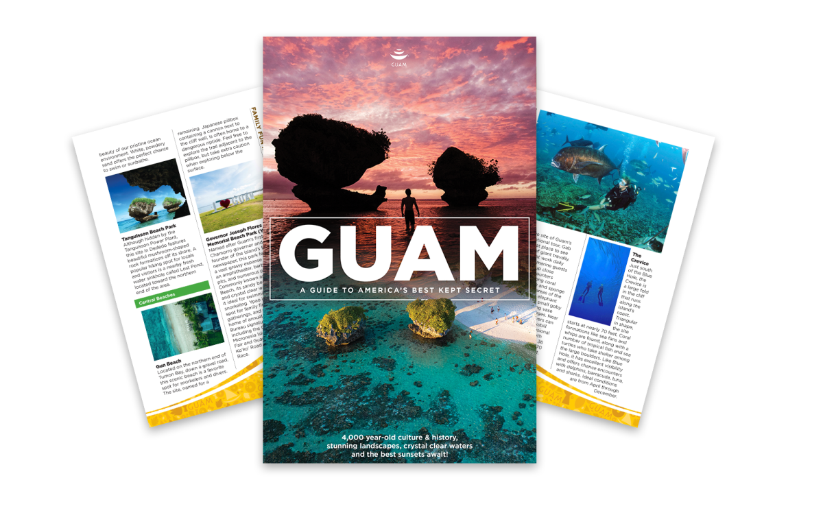 An overhead, stylized product mockup showcases three pages of a travel guidebook dedicated to Guam, fanned out against a clean white background with the front cover centered in the foreground and two interior pages angled behind it. The vibrant front cover features a dramatic pink and purple sunset over a tropical beach, highlighting distinctive mushroom-shaped rock formations in clear turquoise water, a silhouetted figure, and the prominent title "GUAM: A GUIDE TO AMERICA’S BEST KEPT SECRET" in bold white lettering. The partially visible left interior page, titled "Central Beaches," details local coastal spots like Tanguisson Beach Park, Gun Beach, and Ypao Beach using descriptive paragraphs and small coastal photos. The right interior page focuses on diving and marine life, showcasing vibrant underwater photographs of scuba divers alongside tropical fish and a deep chasm, accompanied by text detailing "The Crevice," a popular local dive site known for its coral formations and rich sea life.