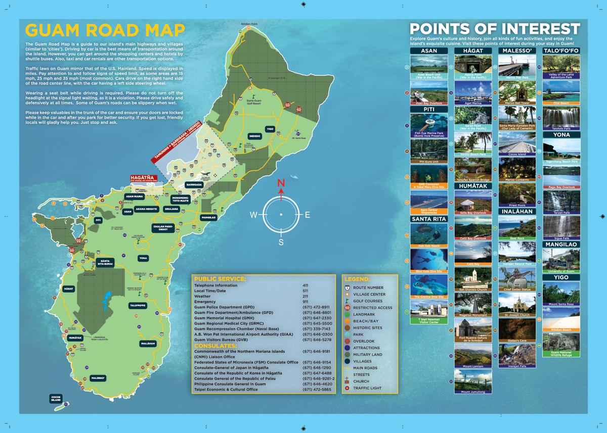 This image shows a colorful, comprehensive tourist road map of the island of Guam, featuring a large, green-shaded map of the island on the left side that highlights major roads, villages, and geographic regions. The center-bottom contains a large informational panel listing public service telephone numbers, emergency contacts, and international consulates, accompanied by a detailed map legend explaining icons for attractions, beaches, and historic sites. The right third of the poster is dedicated to a "Points of Interest" grid, showcasing numbered, captioned photographic thumbnails of popular destinations categorized by villages like Asan, Piti, Humåtak, and Malesso'. A decorative compass rose sits in the center-right of the ocean area, emphasizing the vibrant turquoise water background that surrounds the island layout.