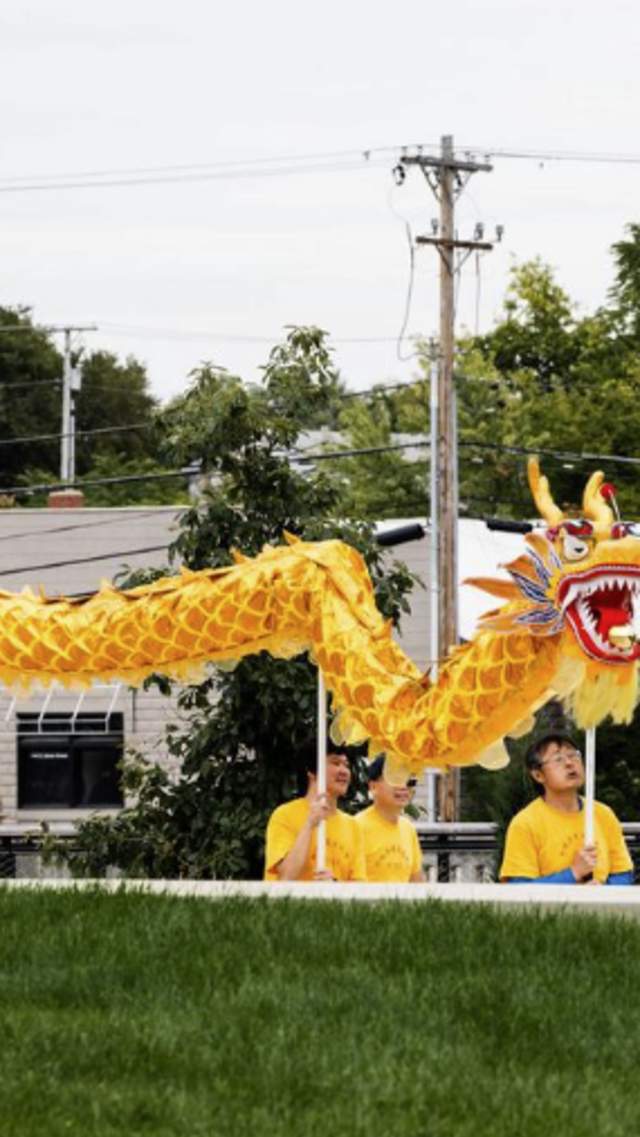 A group of performers in yellow shirts carry a long, bright yellow Chinese dragon puppet along an outdoor path during the Westfield International Festival.