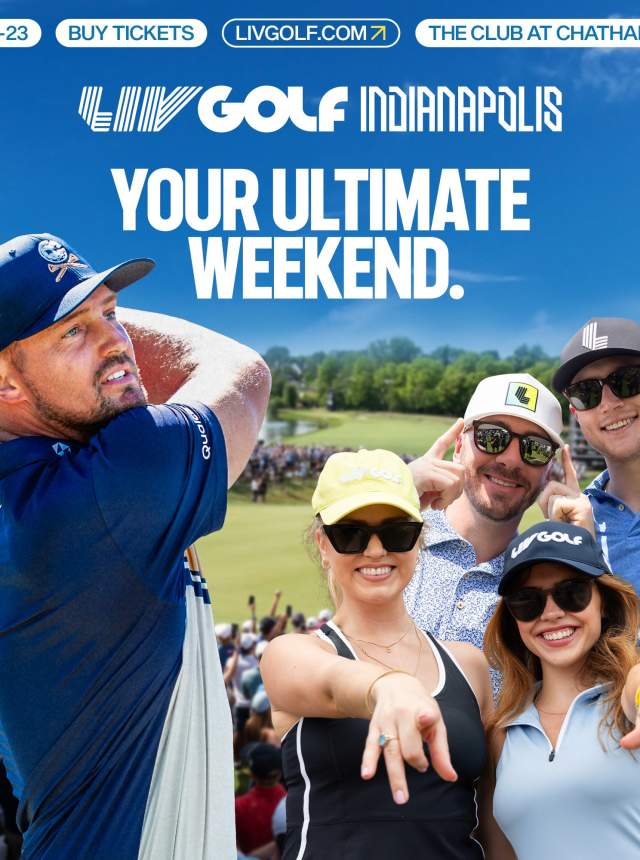 LIV Golf Indianapolis event advertisement featuring a golfer, fans, and event details for August 20–23 at The Club at Chatham Hills.