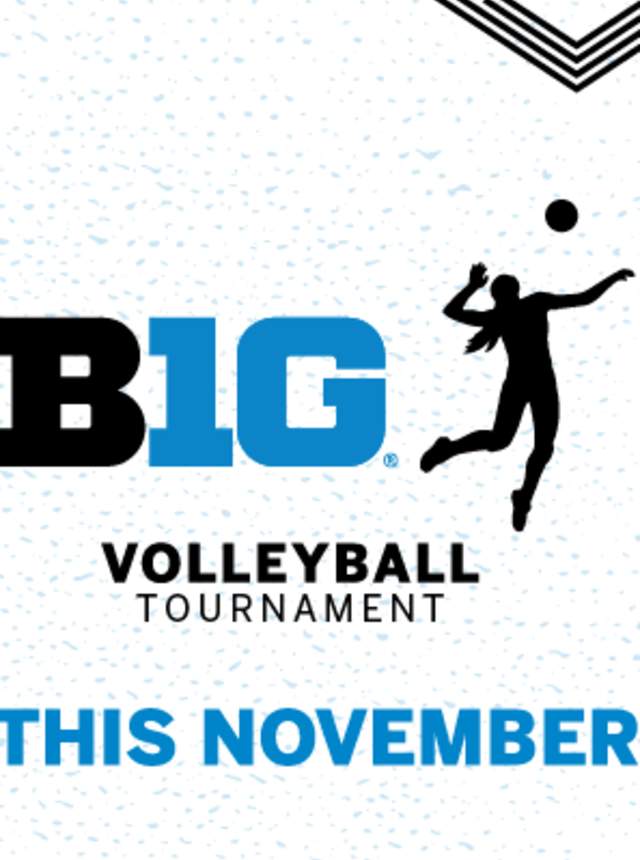 Split graphic showing hands lifting the Big Ten Conference volleyball championship trophy on the left and a blue-and-white promotional design on the right reading ‘B1G Volleyball Tournament — This November,’ with a silhouette of a volleyball player jumping to hit a ball.
