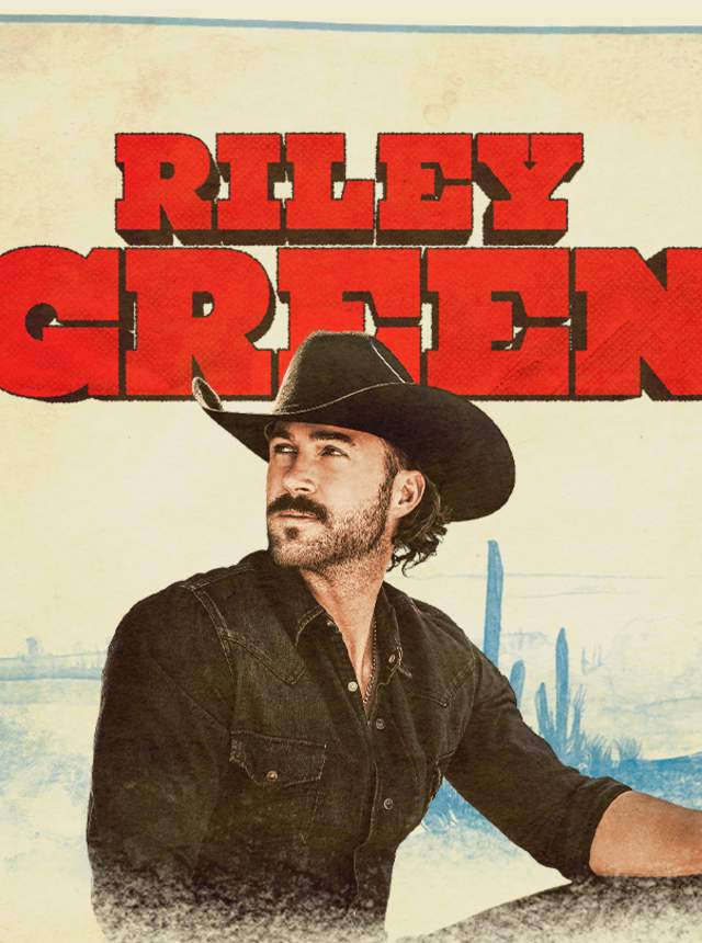 Promotional image featuring country artist Riley Green wearing a cowboy hat against a desert backdrop with cacti, with his name displayed in bold red lettering across the top.