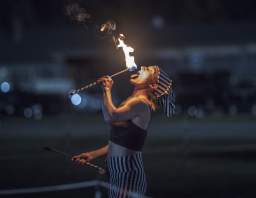Headless Horseman performer breathing fire during the fall festival at Conner Prairie.