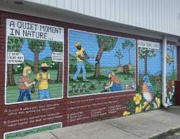 The comic-strip style narrative shows a lack of biodiversity in the first frame, folks taking action to restore forest habitat in the second, and the forest vibrantly returning to life after several years of regrowth in the third.