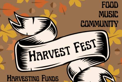 A fall-themed Harvest Fest poster with illustrated leaves in brown, orange, and yellow, featuring a large ribbon banner reading “Harvest Fest.”