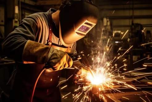 A worker wearing a welding helmet, protective gloves, and an apron operates welding equipment inside a metal fabrication workshop. Bright sparks fly outward from the welding point, illuminating the scene with orange and yellow light. Metal work surfaces and industrial equipment are visible in the background, highlighting the manufacturing setting.