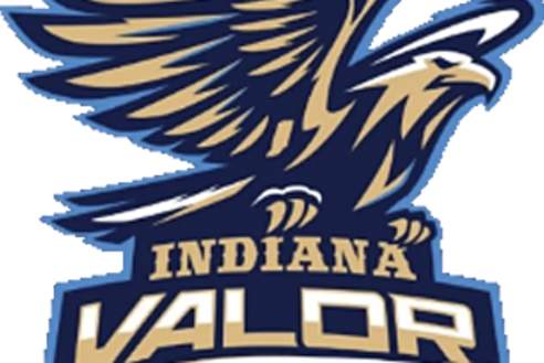 Indiana Valor logo featuring a stylized gold-and-blue eagle with wings spread above the words ‘Indiana Valor,’ with a football graphic integrated into the design.