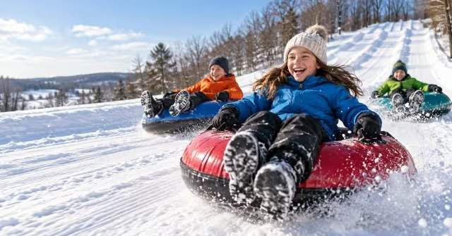 People snow tubing down a snowy hill on a sunny winter day.