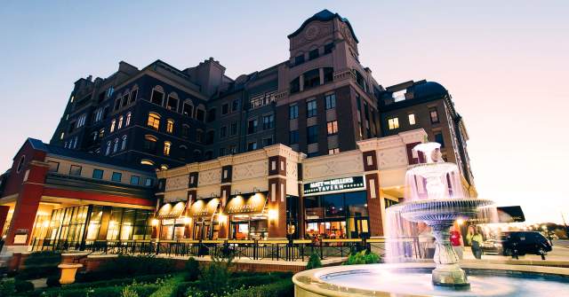 Fountain and garden outside a dining plaza
