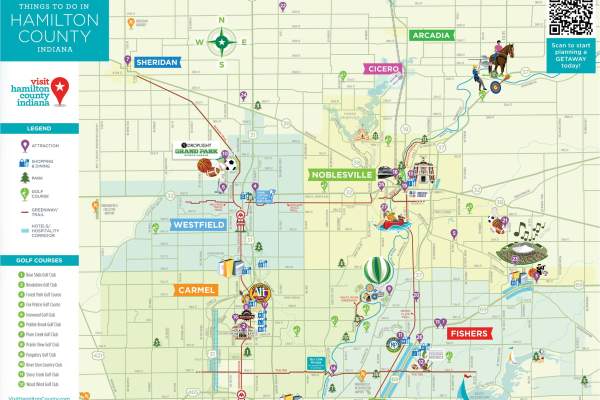 An illustrated map of Hamilton County showing roads, waterways, and towns, with colorful icons marking attractions and activities across the area. A legend and list of locations appear along the sides, and a QR code is displayed in the upper corner.