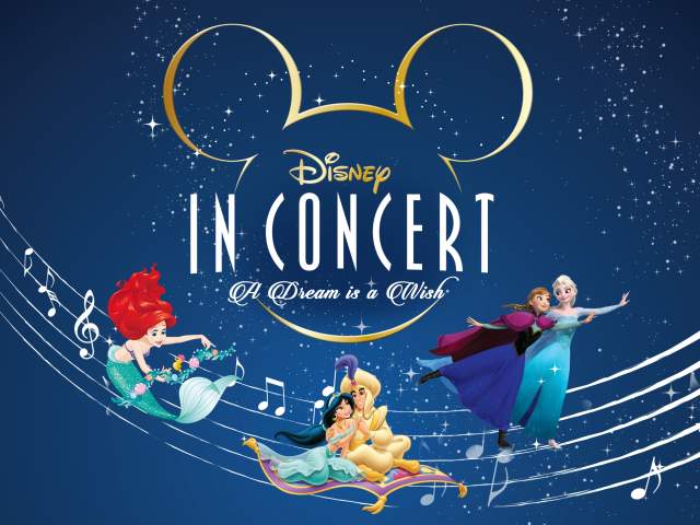 Navy blue promotional graphic reading ‘Disney in Concert: A Dream Is a Wish,’ featuring a gold Mickey Mouse silhouette above musical notes and illustrated Disney characters riding along a flowing music staff amid stars.