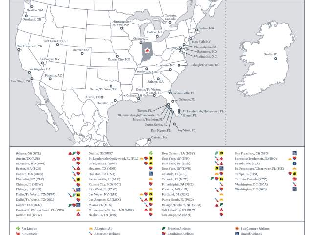 A map of direct flights from Indianapolis, with the airline indicated.