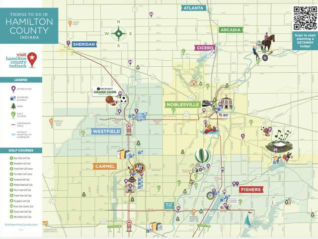 An illustrated map of Hamilton County showing roads, waterways, and towns, with colorful icons marking attractions and activities across the area. A legend and list of locations appear along the sides, and a QR code is displayed in the upper corner.