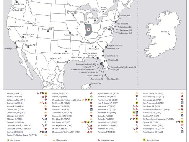 A map of direct flights from Indianapolis, with the airline indicated.