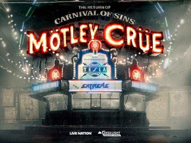 Concert promo image for Mötley Crüe featuring a dramatic carnival-themed stage with marquee lights, pyrotechnics, and bold red “Mötley Crüe” lettering above, set against a dark, high-energy concert atmosphere.