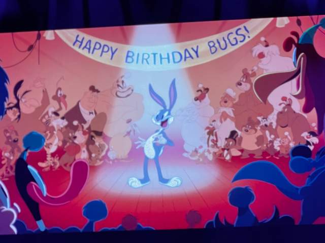 Animated Bugs Bunny birthday slide shown at the Palladium’s neurodivergent-friendly performance.