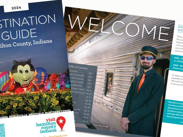 Two pages from the 2024 Hamilton County Destination Guide shown side by side. The cover features colorful lantern displays and the county’s mascot, while the interior page shows a train conductor standing beside a silver passenger train with the word ‘WELCOME’ above him.