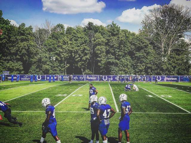 Indianapolis Colts Camp on a green training field with players practicing.