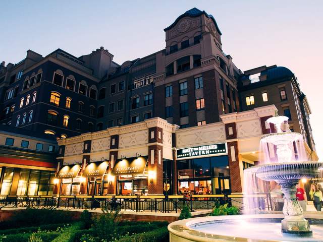 Fountain and garden outside a dining plaza