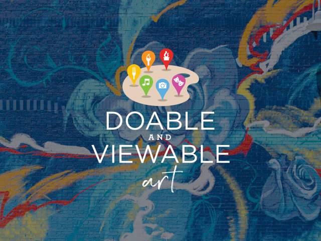 A wide, mural-style graphic with swirling blue, yellow, and red abstract shapes, overlaid with the words ‘Doable and Viewable’ and a cluster of colorful map pin icons above the text.