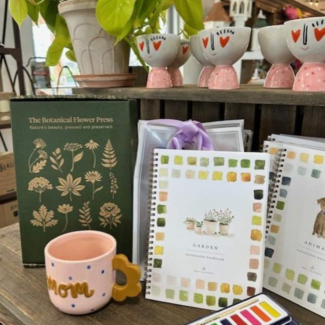 Store display on a wooden shelf featuring potted green plants, illustrated journals, a box labeled ‘The Botanical Flower Press,’ a watercolor paint set, small ceramic cups, and a pink mug.