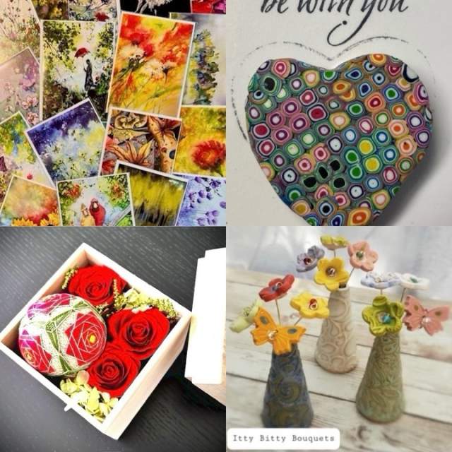 Four-image collage featuring colorful handmade crafts: abstract watercolor art prints, a heart-shaped patterned ceramic piece with text above it, a gift box filled with red roses and a decorative ball, and small ceramic vases holding flower-shaped ornaments on thin stems.