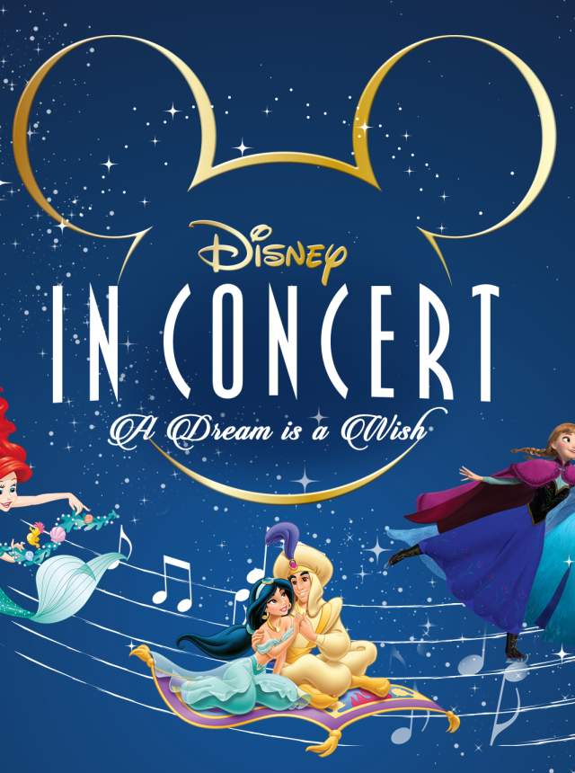 Navy blue promotional graphic reading ‘Disney in Concert: A Dream Is a Wish,’ featuring a gold Mickey Mouse silhouette above musical notes and illustrated Disney characters riding along a flowing music staff amid stars.