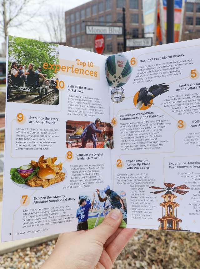 Hand holding an open ‘Top 10 Experiences’ visitor guide outdoors, featuring photos and listings of local attractions, with a city street and buildings in the background.