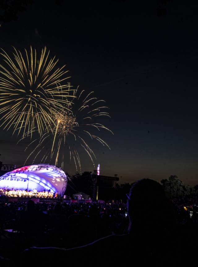 Nighttime outdoor concert scene with a large crowd watching a brightly lit stage while golden fireworks burst in the sky above, illuminating the dark backdrop.