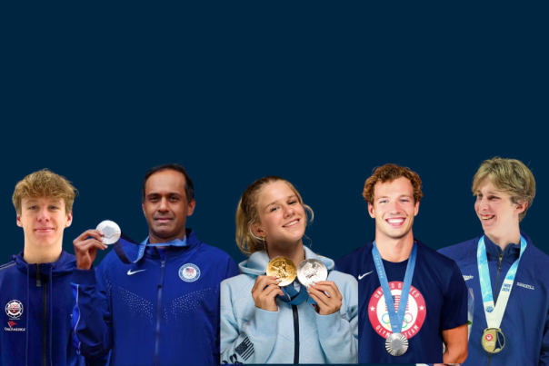 Five Hamilton County Olympians posing with metals.